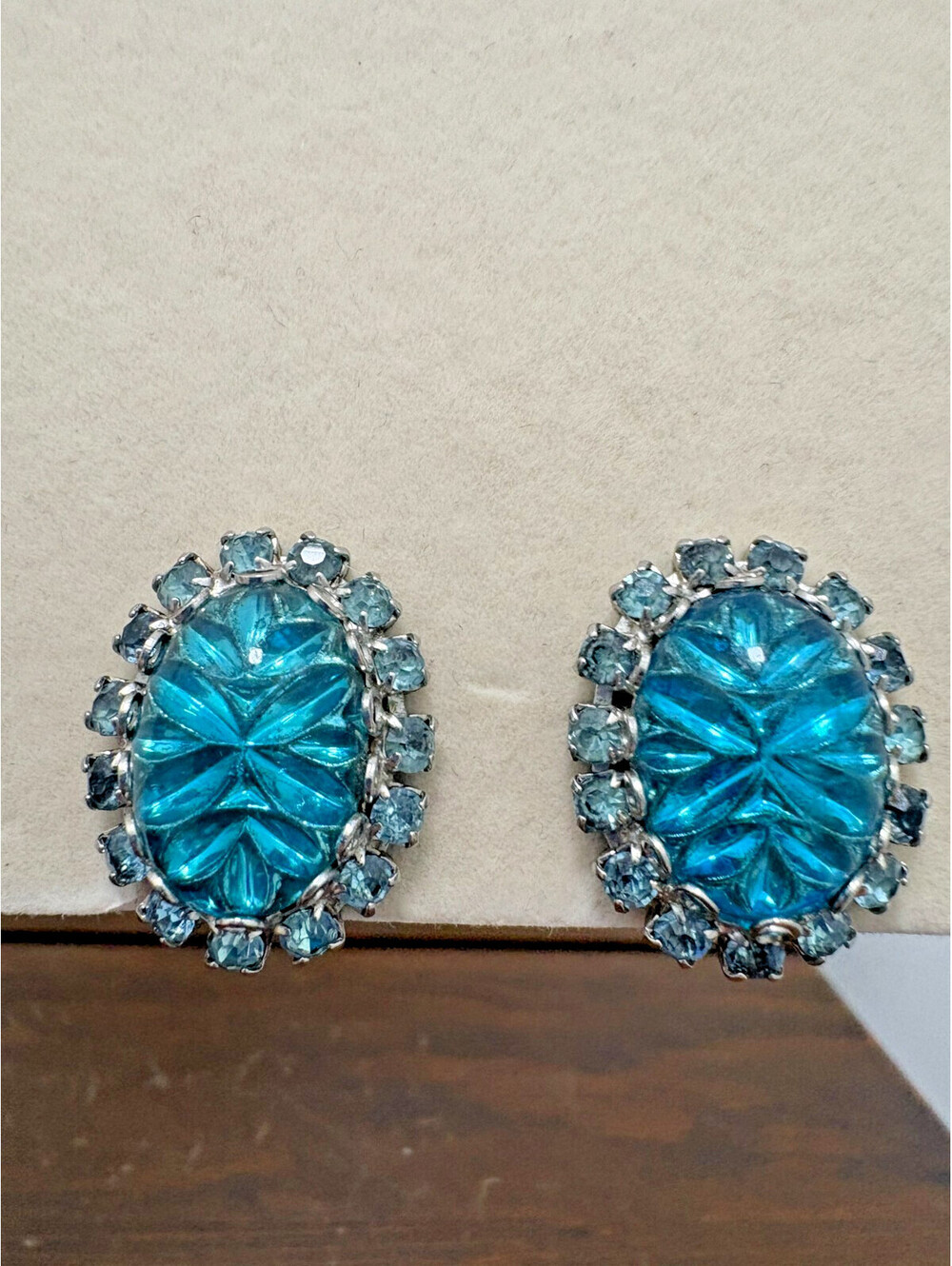 Vintage Signed Judy Lee Blue Rhinestone and Glass Clip On Earrings